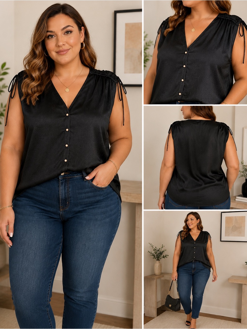 ASTR The Label Black Satin Textured Sleeveless Blouse Pearl Button Tie Shoulder